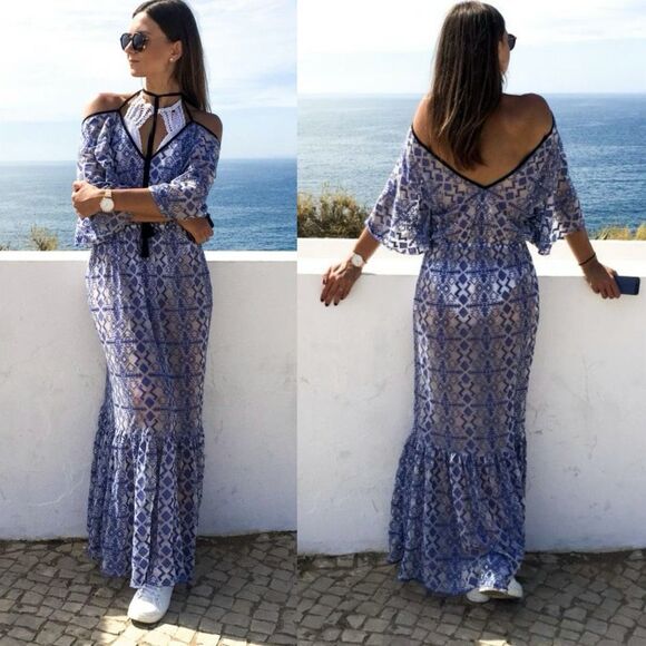 Nidodileda Sheer Jacquard Geometric Print Blue Maxi Dress Sz L Greece Made - Picture 3 of 12